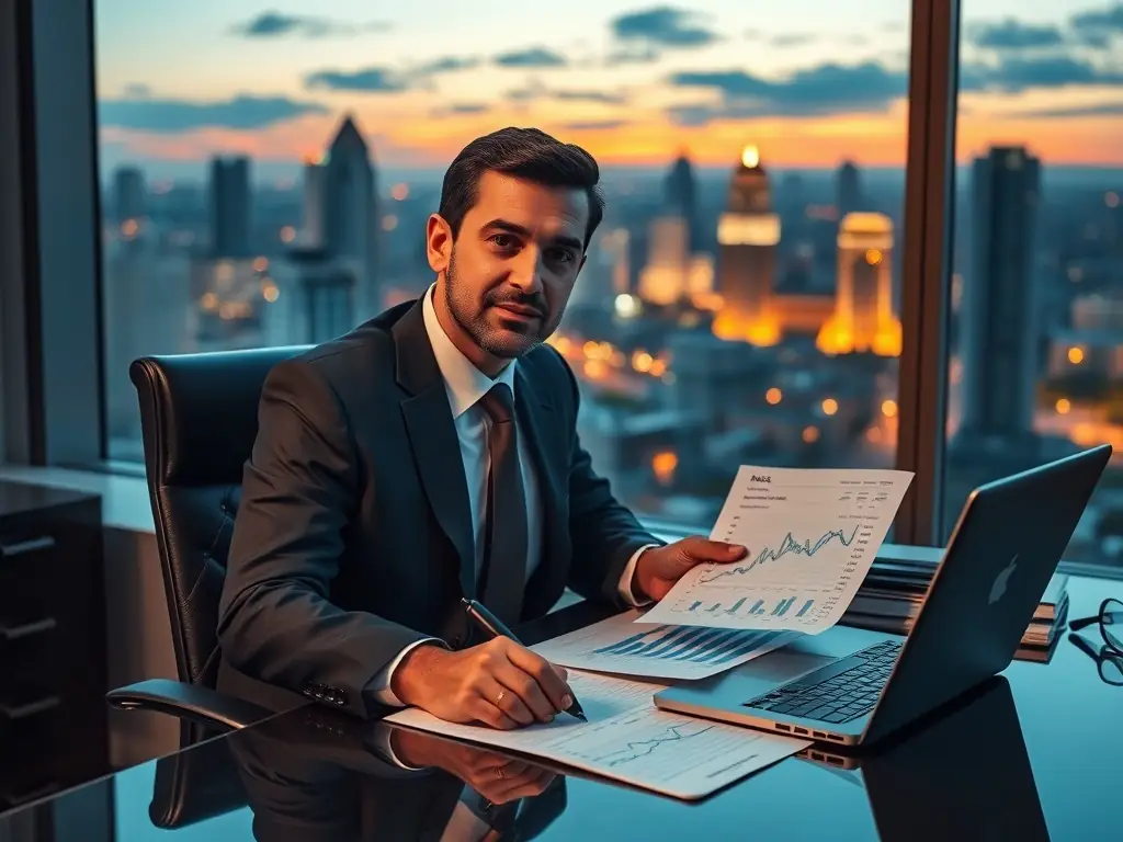 An image of a financial advisor analyzing investment charts with a Mexican city skyline in the background, symbolizing expertise in local market trends.