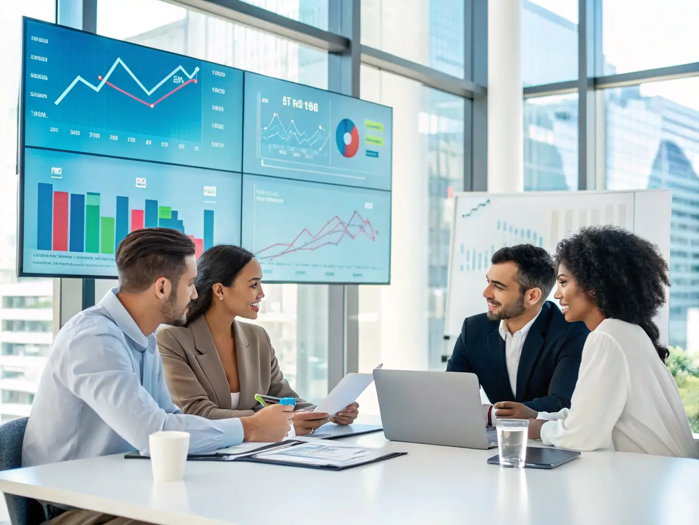 A diverse group of professionals collaborating on financial strategies in a modern office environment, emphasizing teamwork and expertise.