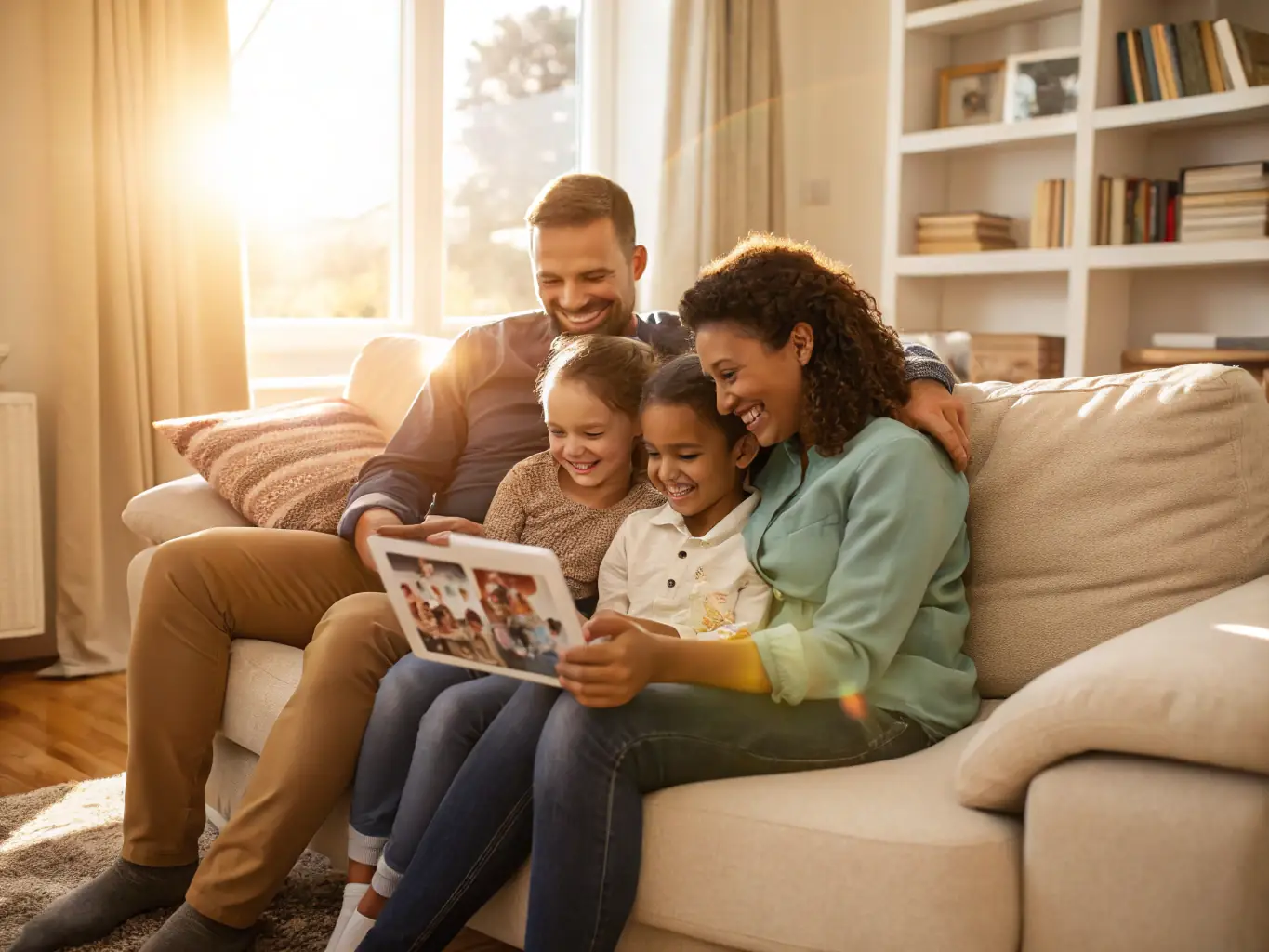 A family is happily gathered in their modern living room, planning their financial future together, representing wealth management and financial security.