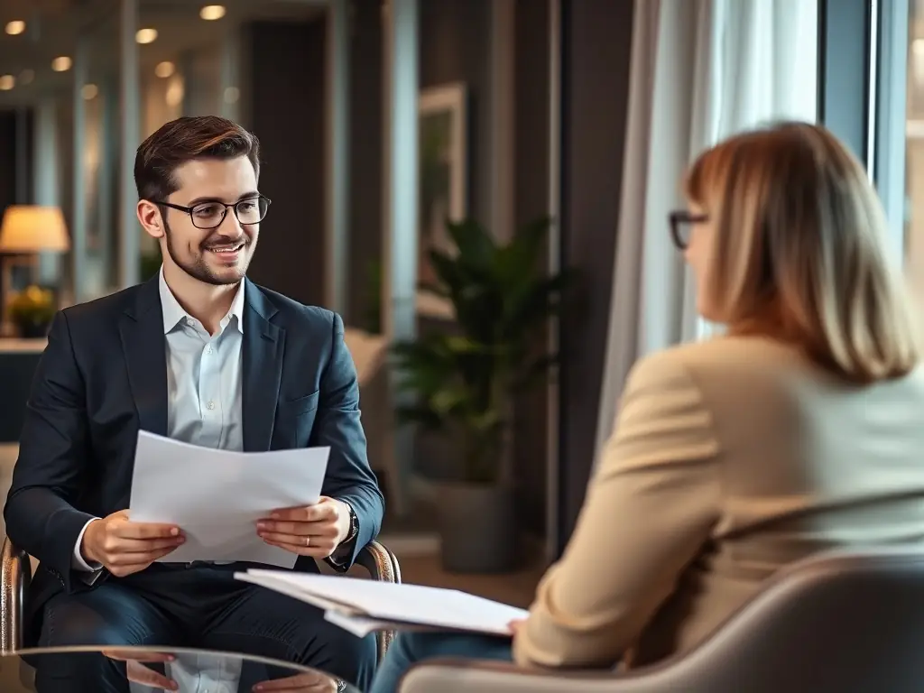 A professional advisor is sitting at a desk, reviewing financial documents with a client in a modern office setting, symbolizing personalized investment strategies.