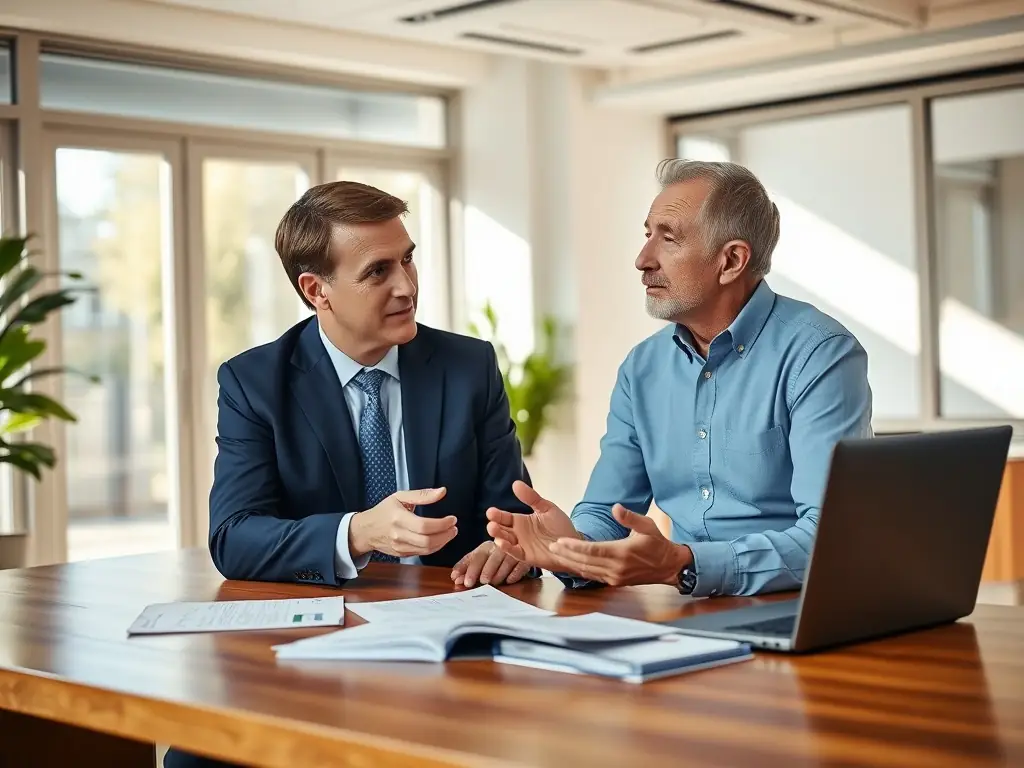 A professional financial advisor discussing wealth plans with a client in an elegant office setting, representing personalized wealth management services.